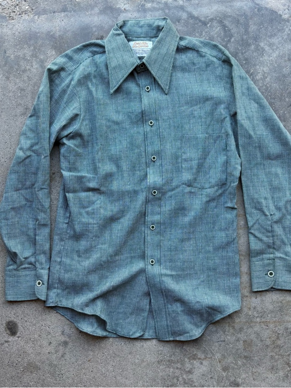 1970s SEARS Men's Long-Sleeve Button-Up Shirt in Teal Green